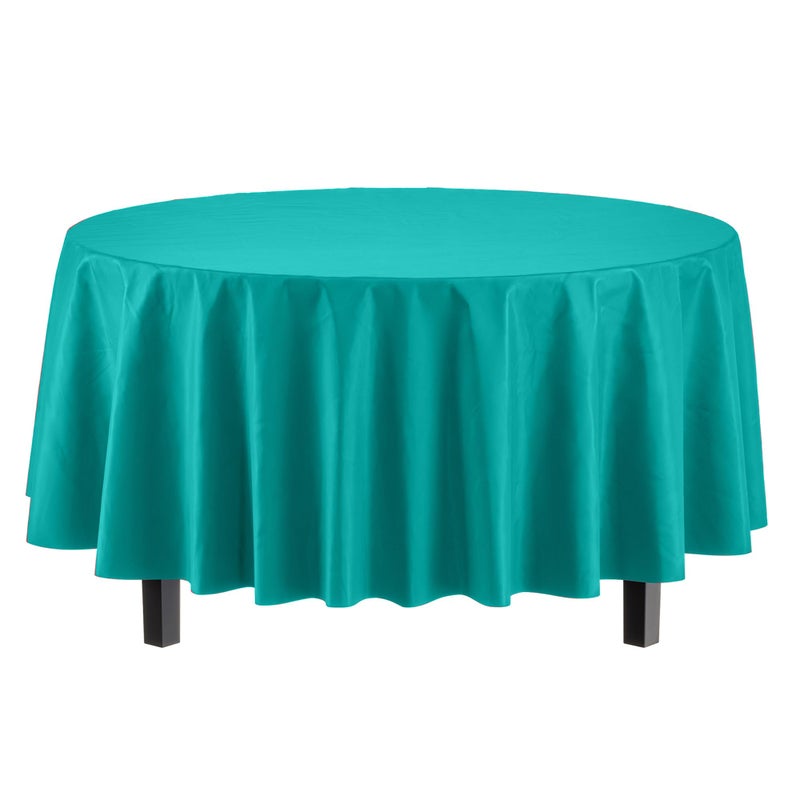 Party Solids 12-Pack Premium Plastic Tablecloth 84in. Round Table Cover - Teal - Image 2